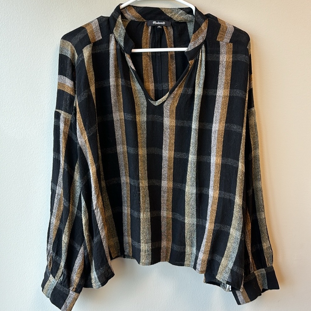 Madewell XL long sleeve blouse, black and tan plaid